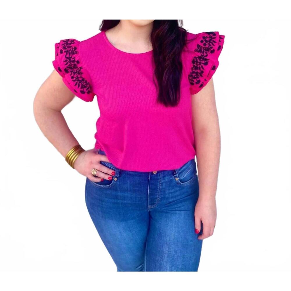 NEW WASHCO embroidered layered sleeve top in pink